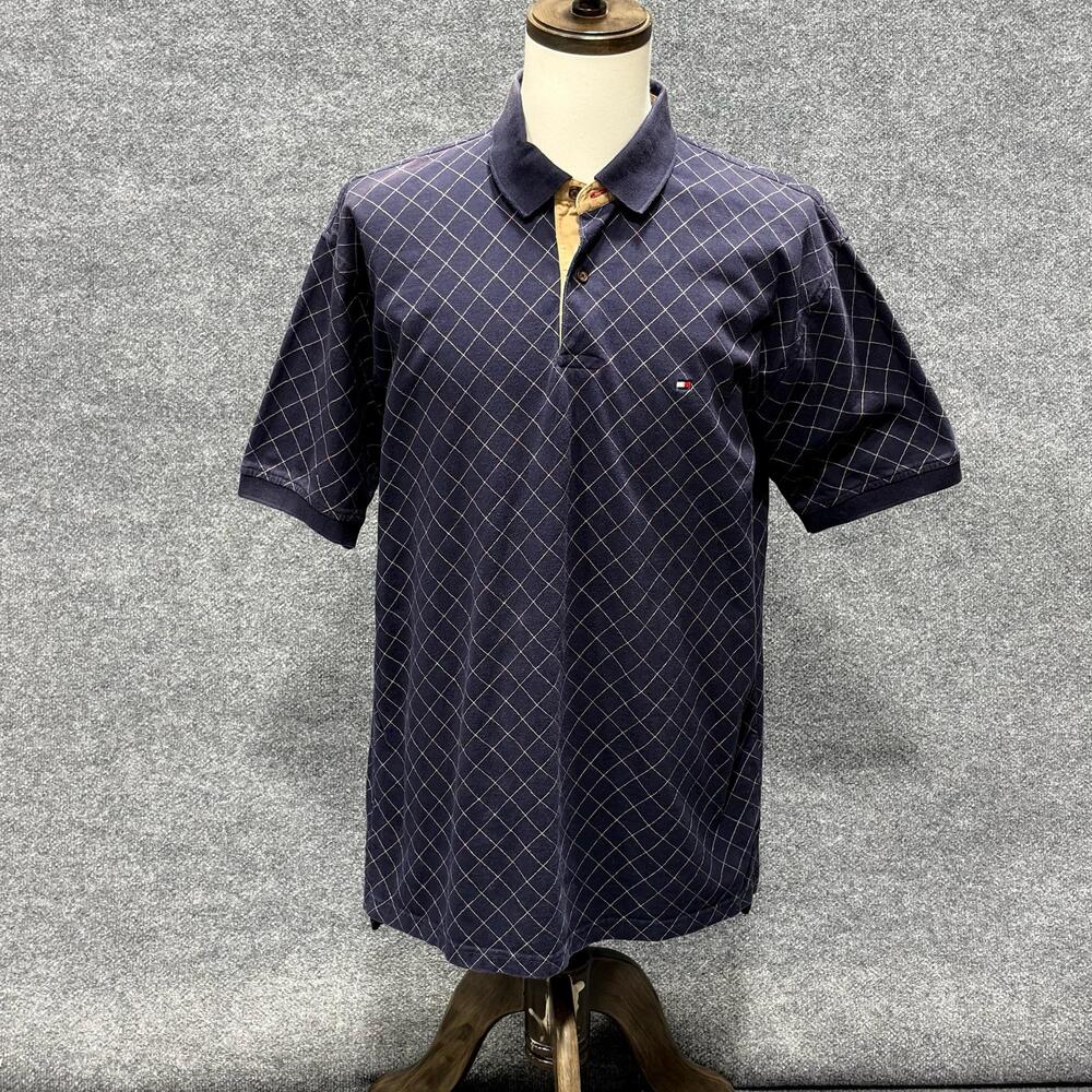 Tommy Hilfiger Polo Shirt Mens XL Blue Argyle Diamond Knit Logo Golf Casual